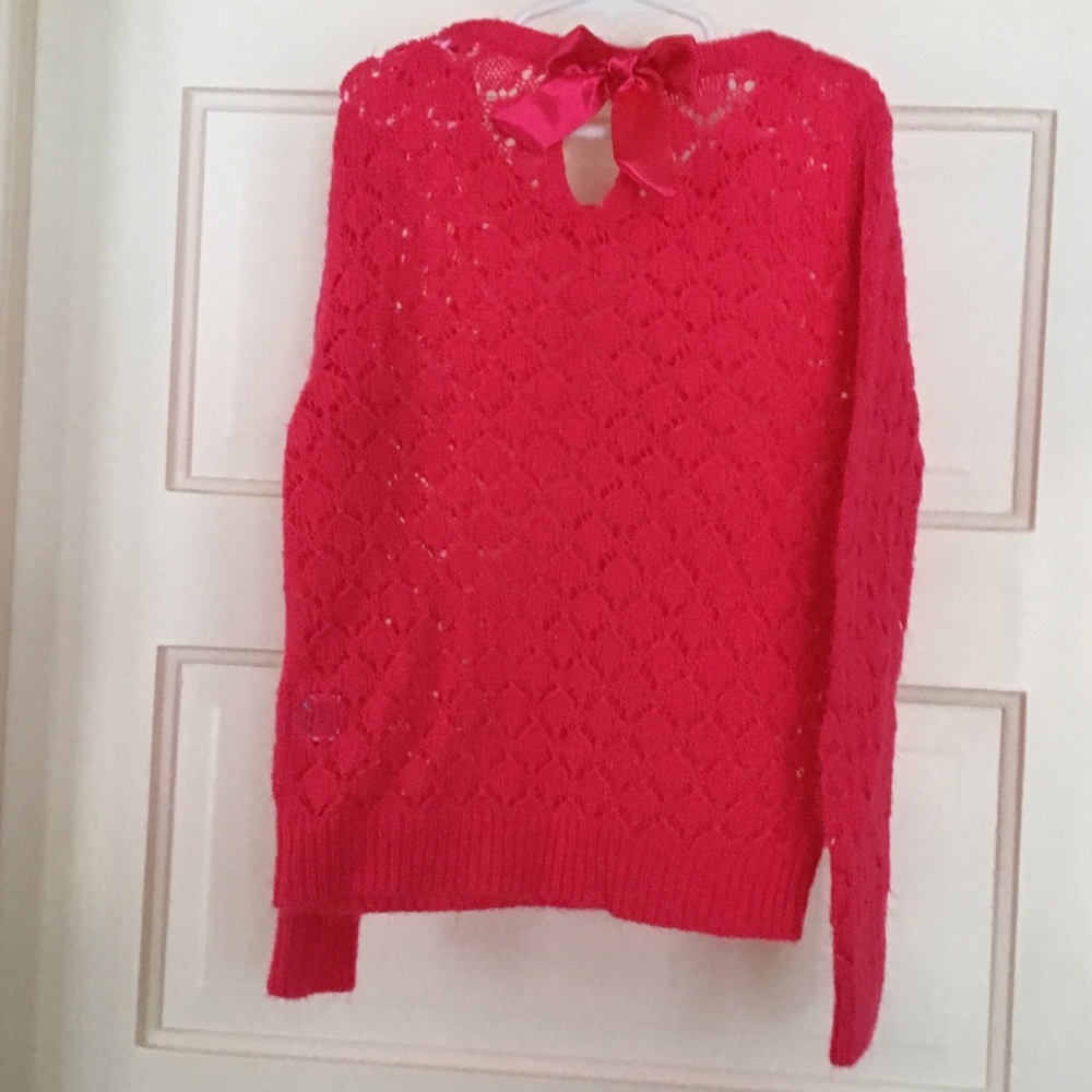 Cherokee Girls M 6/8 open knit sweater w/satin bow